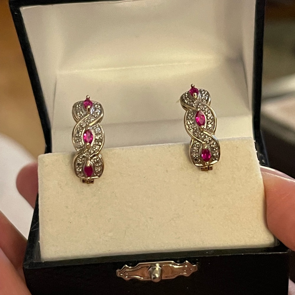 Natural diamond & lab grown ruby gold plated sterling silver earrings - Picture 3 of 12